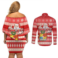 Custom Tonga Christmas Couples Matching Off Shoulder Short Dress and Long Sleeve Button Shirts The Santa Coat of Arms with Ngatu and Snow Pattern LT03 - Polynesian Pride