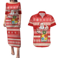 Custom Tonga Christmas Couples Matching Puletasi Dress and Hawaiian Shirt The Santa Coat of Arms with Ngatu and Snow Pattern LT03 Red - Polynesian Pride