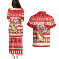 Custom Tonga Christmas Couples Matching Puletasi Dress and Hawaiian Shirt The Santa Coat of Arms with Ngatu and Snow Pattern LT03 - Polynesian Pride