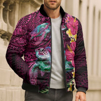 Hawaiian Plumeria and Hibiscus with Turtles Bomber Puffer Jacket Polynesian Art Red Color - Polynesian Pride