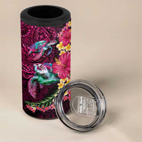 Hawaiian Plumeria and Hibiscus with Turtles 4 in 1 Can Cooler Tumbler Polynesian Art Red Color - Polynesian Pride