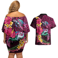 Hawaiian Plumeria and Hibiscus with Turtles Couples Matching Off Shoulder Short Dress and Hawaiian Shirt Polynesian Art Red Color LT03 - Polynesian Pride