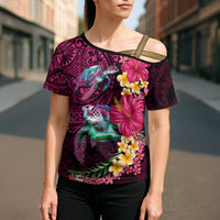 Hawaiian Plumeria and Hibiscus with Turtles Cross Shoulder Shirt Polynesian Art Red Color - Polynesian Pride