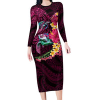 Hawaiian Plumeria and Hibiscus with Turtles Family Matching Long Sleeve Bodycon Dress and Hawaiian Shirt Polynesian Art Red Color LT03 Mom's Dress Red - Polynesian Pride