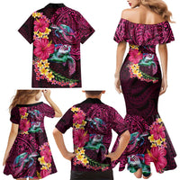 Hawaiian Plumeria and Hibiscus with Turtles Family Matching Mermaid Dress and Hawaiian Shirt Polynesian Art Red Color LT03 - Polynesian Pride