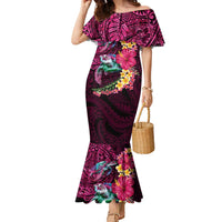 Hawaiian Plumeria and Hibiscus with Turtles Family Matching Mermaid Dress and Hawaiian Shirt Polynesian Art Red Color LT03 Mom's Dress Red - Polynesian Pride