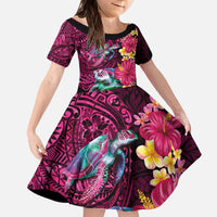 Hawaiian Plumeria and Hibiscus with Turtles Family Matching Off The Shoulder Long Sleeve Dress and Hawaiian Shirt Polynesian Art Red Color LT03 Daughter's Dress Red - Polynesian Pride