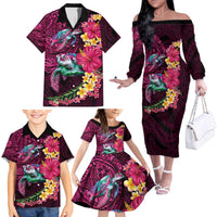 Hawaiian Plumeria and Hibiscus with Turtles Family Matching Off The Shoulder Long Sleeve Dress and Hawaiian Shirt Polynesian Art Red Color LT03 - Polynesian Pride