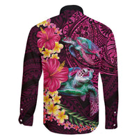 Hawaiian Plumeria and Hibiscus with Turtles Family Matching Off The Shoulder Long Sleeve Dress and Hawaiian Shirt Polynesian Art Red Color LT03 - Polynesian Pride