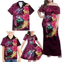Hawaiian Plumeria and Hibiscus with Turtles Family Matching Off Shoulder Maxi Dress and Hawaiian Shirt Polynesian Art Red Color LT03 - Polynesian Pride