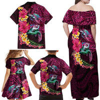 Hawaiian Plumeria and Hibiscus with Turtles Family Matching Off Shoulder Maxi Dress and Hawaiian Shirt Polynesian Art Red Color LT03 - Polynesian Pride
