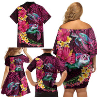Hawaiian Plumeria and Hibiscus with Turtles Family Matching Off Shoulder Short Dress and Hawaiian Shirt Polynesian Art Red Color LT03 - Polynesian Pride