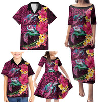 Hawaiian Plumeria and Hibiscus with Turtles Family Matching Puletasi and Hawaiian Shirt Polynesian Art Red Color LT03 - Polynesian Pride
