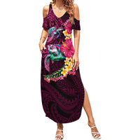 Hawaiian Plumeria and Hibiscus with Turtles Family Matching Summer Maxi Dress and Hawaiian Shirt Polynesian Art Red Color LT03 Mom's Dress Red - Polynesian Pride