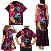Hawaiian Plumeria and Hibiscus with Turtles Family Matching Tank Maxi Dress and Hawaiian Shirt Polynesian Art Red Color LT03 - Polynesian Pride