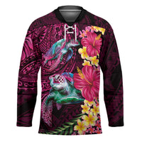 Hawaiian Plumeria and Hibiscus with Turtles Hockey Jersey Polynesian Art Red Color - Polynesian Pride