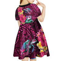 Hawaiian Plumeria and Hibiscus with Turtles Kid Short Sleeve Dress Polynesian Art Red Color - Polynesian Pride