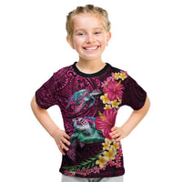 Hawaiian Plumeria and Hibiscus with Turtles Kid T Shirt Polynesian Art Red Color - Polynesian Pride