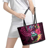 Hawaiian Plumeria and Hibiscus with Turtles Leather Tote Bag Polynesian Art Red Color - Polynesian Pride