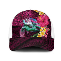 Hawaiian Plumeria and Hibiscus with Turtles Mesh Trucker Cap Polynesian Art Red Color - Polynesian Pride