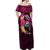 Hawaiian Plumeria and Hibiscus with Turtles Off Shoulder Maxi Dress Polynesian Art Red Color - Polynesian Pride