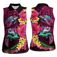 Hawaiian Plumeria and Hibiscus with Turtles Women Sleeveless Polo Shirt Polynesian Art Red Color - Polynesian Pride