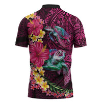 Hawaiian Plumeria and Hibiscus with Turtles Zipper Polo Shirt Polynesian Art Red Color - Polynesian Pride