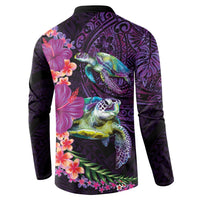 Hawaiian Plumeria and Hibiscus with Turtles Button Sweatshirt Polynesian Art Purple Color - Polynesian Pride