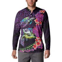 Hawaiian Plumeria and Hibiscus with Turtles Button Sweatshirt Polynesian Art Purple Color - Polynesian Pride