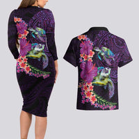 Hawaiian Plumeria and Hibiscus with Turtles Couples Matching Long Sleeve Bodycon Dress and Hawaiian Shirt Polynesian Art Purple Color LT03 - Polynesian Pride
