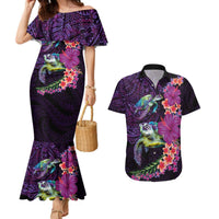 Hawaiian Plumeria and Hibiscus with Turtles Couples Matching Mermaid Dress and Hawaiian Shirt Polynesian Art Purple Color LT03 Purple - Polynesian Pride