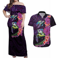Hawaiian Plumeria and Hibiscus with Turtles Couples Matching Off Shoulder Maxi Dress and Hawaiian Shirt Polynesian Art Purple Color LT03 Purple - Polynesian Pride