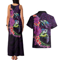 Hawaiian Plumeria and Hibiscus with Turtles Couples Matching Tank Maxi Dress and Hawaiian Shirt Polynesian Art Purple Color LT03 - Polynesian Pride