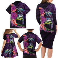 Hawaiian Plumeria and Hibiscus with Turtles Family Matching Long Sleeve Bodycon Dress and Hawaiian Shirt Polynesian Art Purple Color LT03 - Polynesian Pride