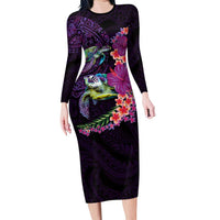Hawaiian Plumeria and Hibiscus with Turtles Family Matching Long Sleeve Bodycon Dress and Hawaiian Shirt Polynesian Art Purple Color LT03 Mom's Dress Purple - Polynesian Pride