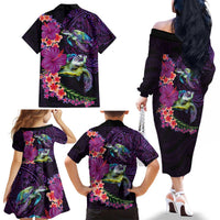 Hawaiian Plumeria and Hibiscus with Turtles Family Matching Off The Shoulder Long Sleeve Dress and Hawaiian Shirt Polynesian Art Purple Color LT03 - Polynesian Pride