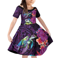 Hawaiian Plumeria and Hibiscus with Turtles Family Matching Off Shoulder Short Dress and Hawaiian Shirt Polynesian Art Purple Color LT03 Daughter's Dress Purple - Polynesian Pride