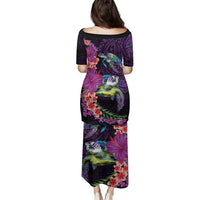 Hawaiian Plumeria and Hibiscus with Turtles Family Matching Puletasi and Hawaiian Shirt Polynesian Art Purple Color LT03 - Polynesian Pride