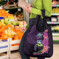 Hawaiian Plumeria and Hibiscus with Turtles Grocery Bag Polynesian Art Purple Color - Polynesian Pride