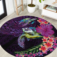 Hawaiian Plumeria and Hibiscus with Turtles Round Carpet Polynesian Art Purple Color - Polynesian Pride