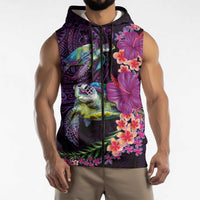 Hawaiian Plumeria and Hibiscus with Turtles Sleeveless Zip Hoodie Polynesian Art Purple Color LT03 - Polynesian Pride