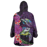 Hawaiian Plumeria and Hibiscus with Turtles Wearable Blanket Hoodie Polynesian Art Purple Color - Polynesian Pride