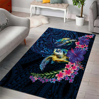 Hawaiian Plumeria and Hibiscus with Turtles Area Rug Polynesian Art Dark Cyan Color - Polynesian Pride