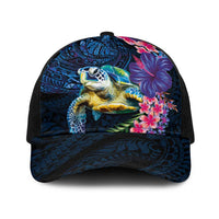 Hawaiian Plumeria and Hibiscus with Turtles Baseball Net Cap Polynesian Art Dark Cyan Color - Polynesian Pride
