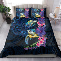 Hawaiian Plumeria and Hibiscus with Turtles Bedding Set Polynesian Art Dark Cyan Color - Polynesian Pride
