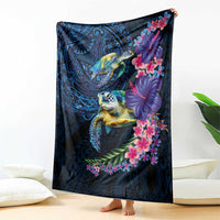 Hawaiian Plumeria and Hibiscus with Turtles Blanket Polynesian Art Dark Cyan Color - Polynesian Pride