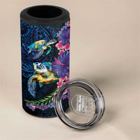 Hawaiian Plumeria and Hibiscus with Turtles 4 in 1 Can Cooler Tumbler Polynesian Art Dark Cyan Color - Polynesian Pride