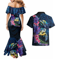 Hawaiian Plumeria and Hibiscus with Turtles Couples Matching Mermaid Dress and Hawaiian Shirt Polynesian Art Dark Cyan Color LT03 - Polynesian Pride