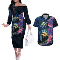Hawaiian Plumeria and Hibiscus with Turtles Couples Matching Off The Shoulder Long Sleeve Dress and Hawaiian Shirt Polynesian Art Dark Cyan Color LT03 Dark Cyan - Polynesian Pride