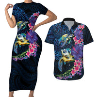 Hawaiian Plumeria and Hibiscus with Turtles Couples Matching Short Sleeve Bodycon Dress and Hawaiian Shirt Polynesian Art Dark Cyan Color LT03 Dark Cyan - Polynesian Pride